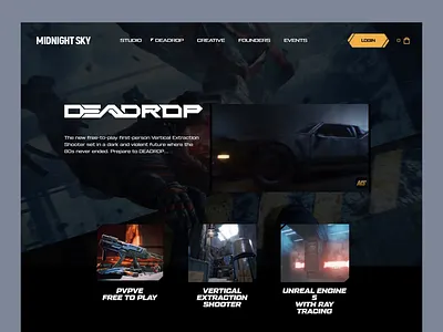 MIDNIGHT SKY - Shooter Game Animation UI action game dark mode digital design futuristic concept game store gaming platform gaming studio illustration landing page online gaming pc game shooter game ui design user experience user interface video game violent design web design web ui website