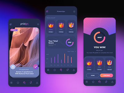 Prizigo: Quiz App - Product Design - UX/UI answer app card challenge chart colorful design game game app graphic design illustration mobile product design questions quiz app score ui ux vector web