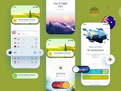 Day and Night VPN bright custom mobilem green ios mobile moon nature sun ui ux ui vpn vpn mobile