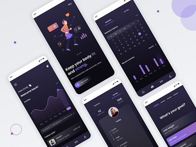 Fitness App 🏋️‍♂️ activity app dark design fitness gym illustration mobile statistic ui ux