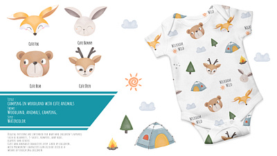 Camping In the Woodland with Cute Animlas adorable animal baby bear bunny children cute deer design fabric forest fox illustration kids pattern print seamless watercolor woodland