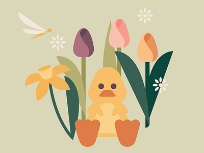 Duck daffodil design dragonfly duck easter flat floral flowers garden happy holiday illustration spring sweet tulips vector