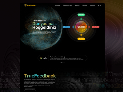 TrueFeedback blockchain technologies landing page 3d animation application black blockchain crypto dark dark mode darkwebsite design landing landingpage neon search simple technologies technologies website token ui webpage