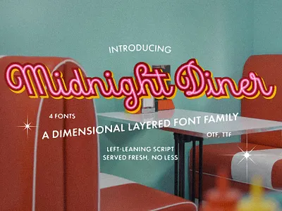 Midnight Diner Left-leaning Script Font 3d 3d font calligraphy calligraphy font design dimensional font font family graphic design left leaning left slanted lettering retro font reverse script script script font type type design type designer typography