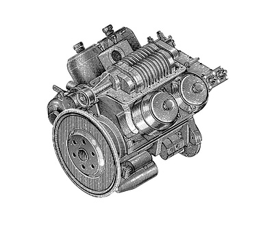 Internal combustion engine engrave engraving illustration ink lineart woodcut