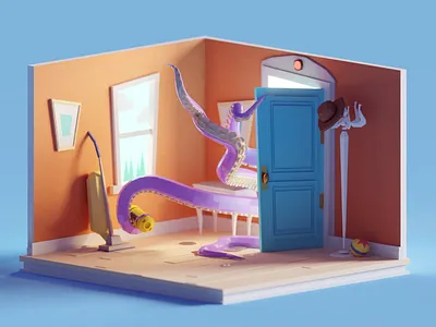 Low poly the monster's room 3d animation graphic design illustration logo ui
