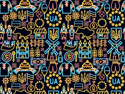 Ukraine Neon Seamless Pattern background borsh country flag freedom glory glow illustration neon patriotic pattern seamless support texture trident ua ukraine ukrainian vector