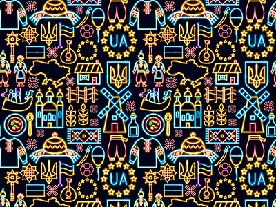 Ukraine Neon Seamless Pattern background borsh country flag freedom glory glow illustration neon patriotic pattern seamless support texture trident ua ukraine ukrainian vector