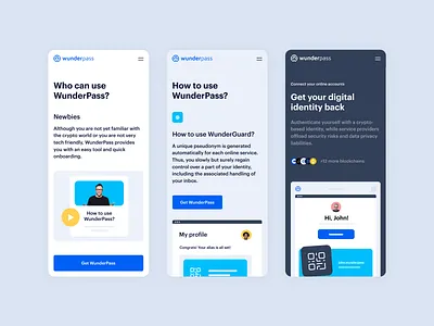 WunderPass – Mobile Landing Page bazen agency blockchain crypto crypto landing page cryptocurrency data control data trading defi fintech identity layer landing page design mobile landing page nft privacy saas transaction ui ux visual identity wunderpass