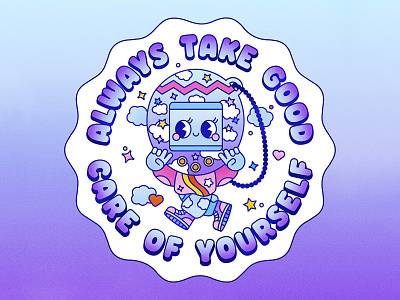 Always Take Good Care of Yourself Tamagotchi character character design colorful cute character design flat graphic design healthy illustration illustrator kawaii lockup nostalgia retro take care of yourself tamagotchi texture typography vector vector graphic