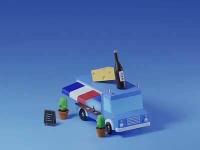 French cheese & wine food truck 3d blender cheese food truck france lowpoly wine