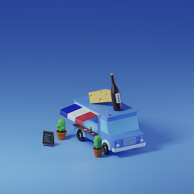French cheese & wine food truck 3d blender cheese food truck france lowpoly wine