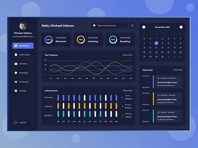 English Learning Dashboard | Dark Design app design brand clean design educational elearning english graphic design illustration interface ios landingpage language learning management system learning service minimal ui ux uxui design vector