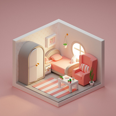 3D Isometric Cute Pink Bedroom 3d 3d modeling bedroom blender cartoon cute cycles interior design isometric isometric bedroom isometric room pink room