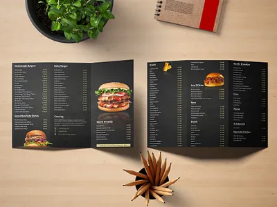 Trifold Brochure Design for Restaurant Food Menu Card Flyer bifold brochure brochure design burger pizza creative brochure delicious food fast food food brochure food company food list food menu card graphic design promotional brochure restaurant brochure restaurant business restaurant food social media banner social media post trifold brochure