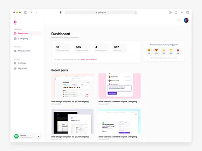 Getlog Dashboard cards changelog dashboard emoji minimal ui web app