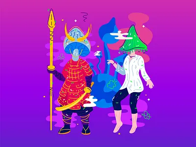 mushrooms and popular types of pop culture. silpo x marco android asian c 3po character comic design flat illustration marvel mia wallace mushroom psychodelic robot samurai slilpo star wars store tarantino thor vector