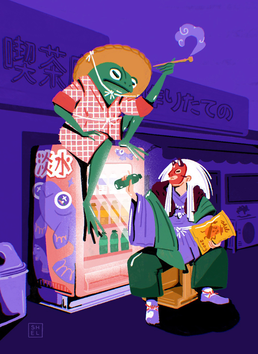 Bad habits die hard 🍟 frog ghost illustration japan japense culture kabuki kimono procreate smoking snacks soda vending machine