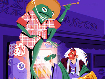 Bad habits die hard 🍟 frog ghost illustration japan japense culture kabuki kimono procreate smoking snacks soda vending machine