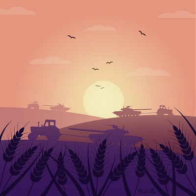 Ukrainian Morning :) humor illustration morning nature scenery sun sunrise tank tractor ukraine vector wheat