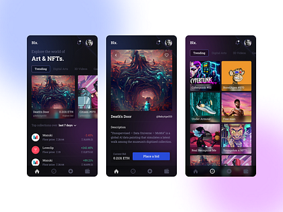 Blx - NFT based application blockchain dark theme design graphic design minimal nft selling ui ux vector