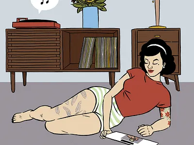 Listening to records digital drawing illustration mid century midcentury modern music portrait records relaxing vintage vinyl woman