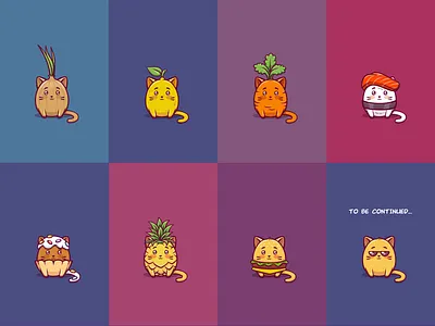 Cats - food 2d burger cards carrot cartoon cat character colors design flat food icon illustration lemon monster nft pineapple sushi sweets vector