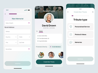 Memorial App - LifeAfter afterlife memorial service ams branding burial burial address digital digital remembrances emotional green life after memorial memorial app memorial services memories mobile share memories tributes ui ux