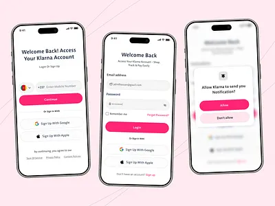 Klarna Login & Sign-Up UI Design interface login mobile app onboarding page pink sign in sign up ui uiux design