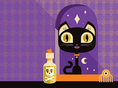 spooky lil kitty black cat cat dog eyeball flat halloween illustration moon spider spooky vector vector illustration