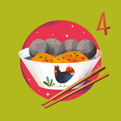 Meatball bowl chicken children culinary digital editorial food icon illustration indonesia kid number red vector