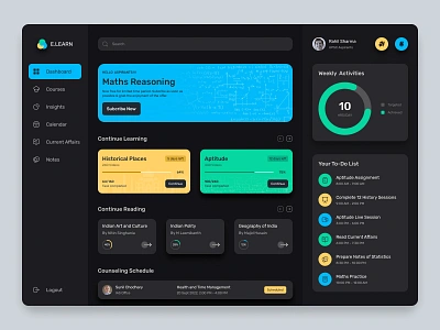 Student Dashboard activities card class clean courses dashboard design education learn management reading student system teacher to do ui ux web web design