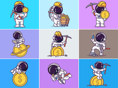 Astro Miner👩🏻‍🚀💰⛏✨ astronaut bitcoin branding coin crypto currency cute design dribbble flat gold graphic design icon illustration investment logo miner mining money vector
