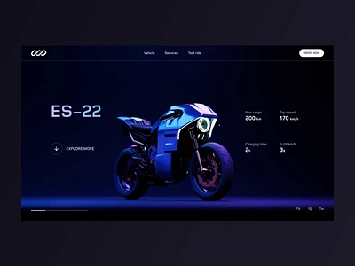 ES-22 Futurism landing page 3d animation bike blender cluster cyberpunk dark futuristic landing page motorcycle sci fi ui web design