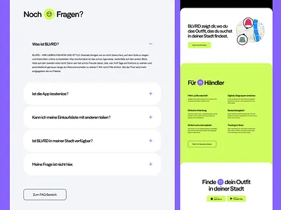 BLVRD Landingpage FAQ Rebranding Concept | Fashion App app landing page clean design faq faq section fashion app frequently asked question green landing page light theme minimal purple typography ui ui design ux ux design web web design website