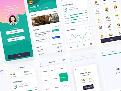 Language Learning App analytics cards chart dashboard education educational app interactive interface language learning matching mobile mobile app online course product design study task trending ui ux