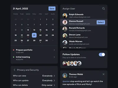 CRM Application Elements admin app calendar cards crm dark dashboard date details follow interface minimal panel picker statistic task ui user ux web