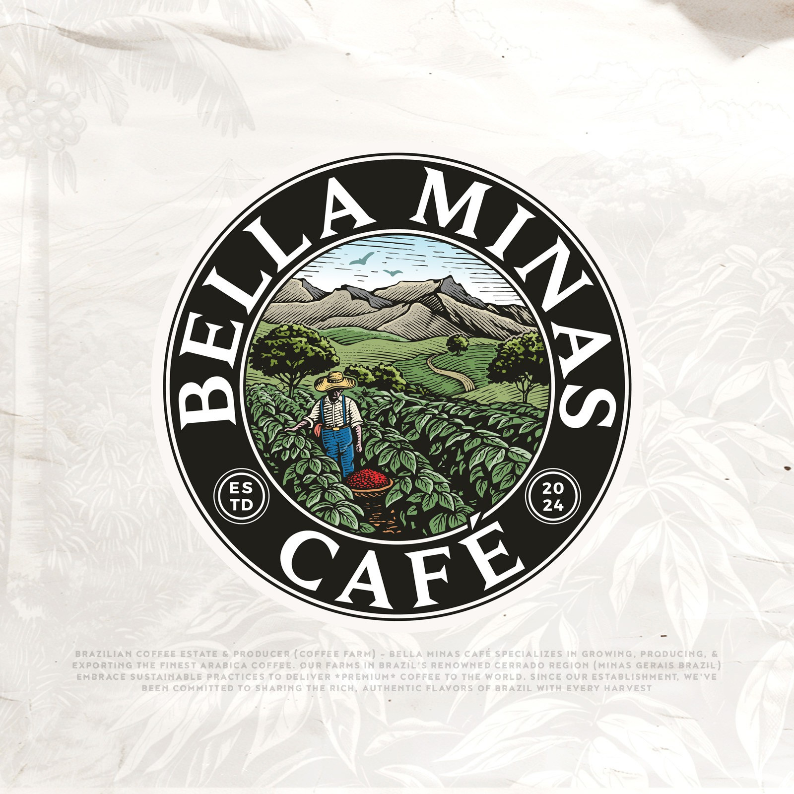 Bella Minas Café Roasting Co. artisan branding cafe coffee design farm farmer farming illustration logo logo design mountains roasting sky tree vintage
