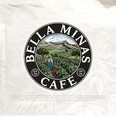 Bella Minas Café Roasting Co. artisan branding cafe coffee design farm farmer farming illustration logo logo design mountains roasting sky tree vintage