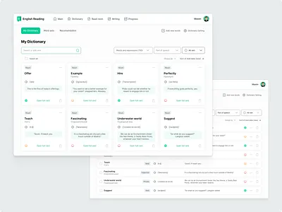Interface for Dictionary page of "English Read" service dictionary english learn interface service ui ux web service
