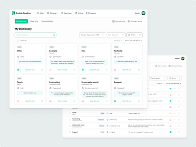 Interface for Dictionary page of "English Read" service dictionary english learn interface service ui ux web service