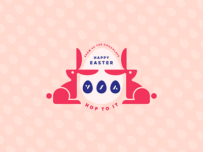 Hop To It badge blue branding bunny chocolate crest easter egg icon illustration logo mark negative space pin pink rabbit sticker type vector