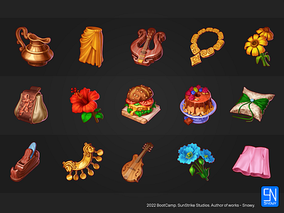 SunStrike. BootCamp 2022. adobe bootcamp burger cake cloth design icons flower food game design game dev icons illustration jewelry leather metallic photoshop pillow shorts skirt wood