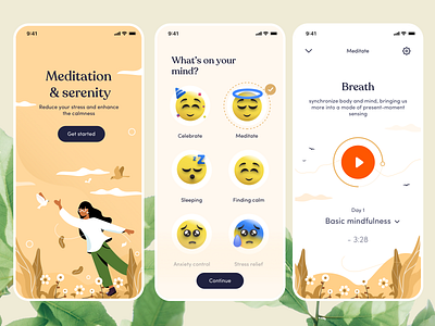 Mind fullness 3d app birds branding breeze calm gowtham illustration mind fullness nature relax sleeping sudhan typography yoga