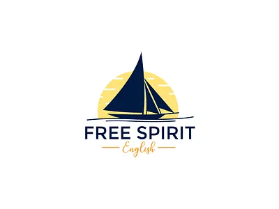 Free Spirit English Logo Branding artwork boat branding design hand drawn logo luxury river sail sea sketch sun travel trip vector vintage water yacht