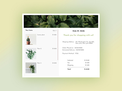 Email Receipt - Daily Challenge 017 app dailuui017 dailyui dailyuichallenge dailyuichallenge017 design emailreceipt emailrecip017 orderpage ordersummary plantswebsite receiptforplants ui ux