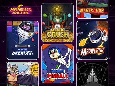 Maneki Arcade Play to Earn game 2 blockchain cat cryptogame cute design game illustration maneki meme memecoin nft nftgame retro ui web3