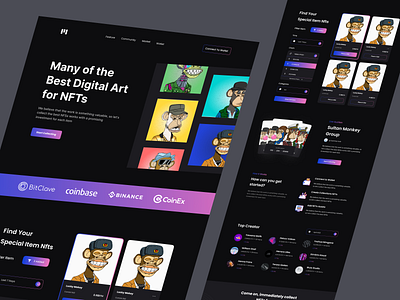 NFTs Marketplace art bitcoin blockchain clean crypto cryptoart cryptocurrency dark design ethereum exchange invest landing page modern nft token ui uiux wallet website