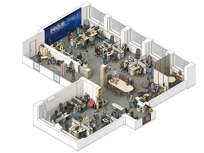 3d isometric illustration: regional media office 3d design illustration interior isometric isometry office render wimmelbuch