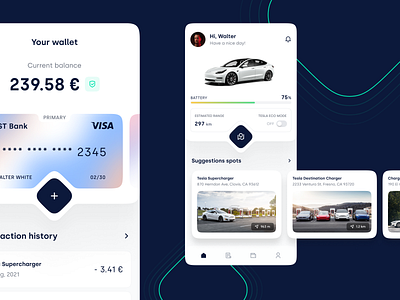 Charging station reservation | Wallet & overview app app design car card clean design electric ev future gradient graphic design interface modern overview parking tesla ui ux wallet white
